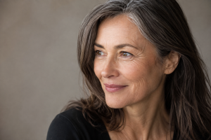 Natural facial movement and mature skin in a woman considering Botox or fillers